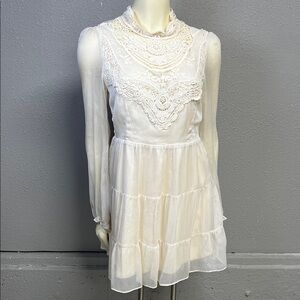 Lace Yoke Long Sleeve Tiered Mini Dress - Ivory